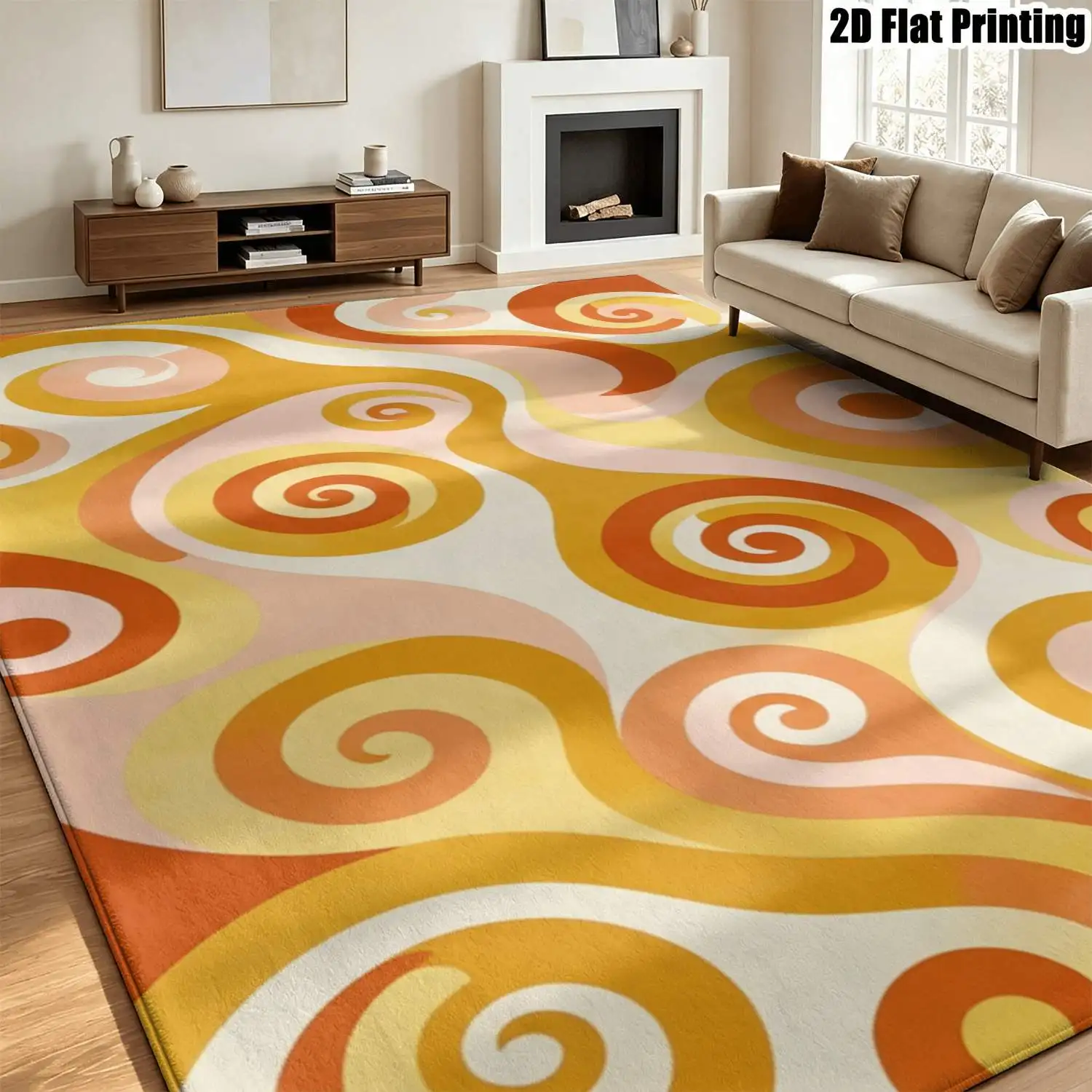 1Pc 2D Printed Warm Orange Spiral Nordic Modern Minimalist European Carpet for Home Decor, Multi-Size, Machine Washable, Suitable for Living Room, Bedroom, Dining Room, Entrance, Study