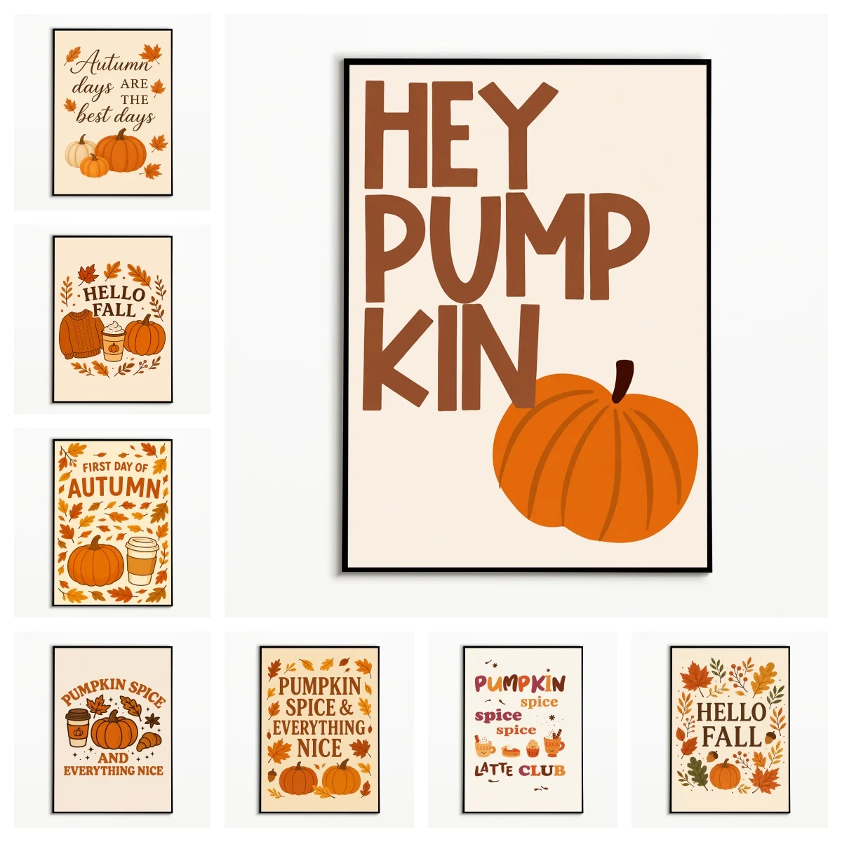 1pc frameless,1PC Hello Fall Poster Thanksgiving Pumpkin Spice Wall Art  Minimalist Maple Leaf Coffee Canvas Printing Fall Gift