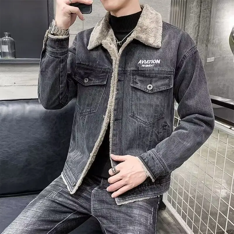 

Gray Men's Denim Jacket Warm Padded Male Jean Coats Winter 2024 Menswear Trendy Rock Elatic Clothing Japanese Retro New in Loose