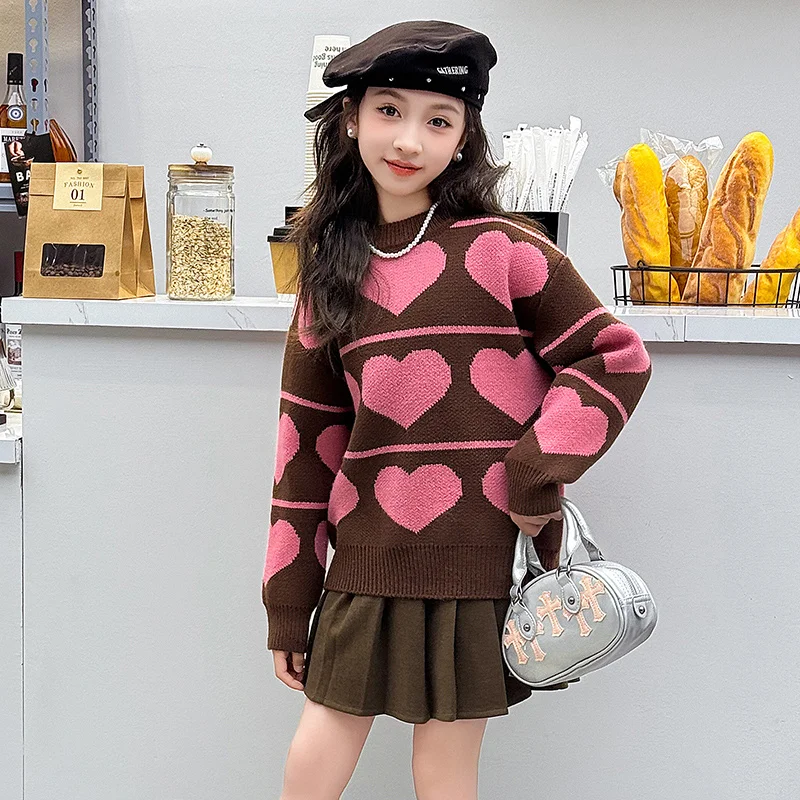 Soft Sweater For Girls Spring Fall Kids Knitted Pullover Heart Pattern Casual Tops For Children\'s Clothes 6 8 10 12 14 Years Old