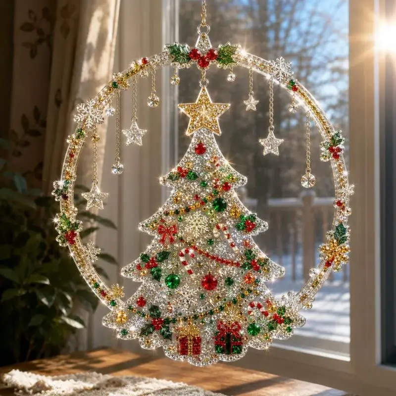 Christmas 2D Flat-Printed Acrylic Christmas Wreath Hanging Ornament Craft Festive Home Window Wall Decor