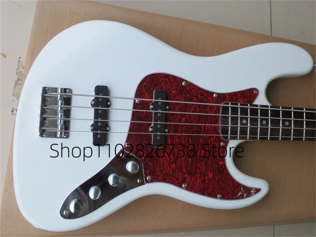 4 Strings Bass Guitar White Body Ja Bass Maple Neck Red Tortoise Shell Guard Factory Custom Color