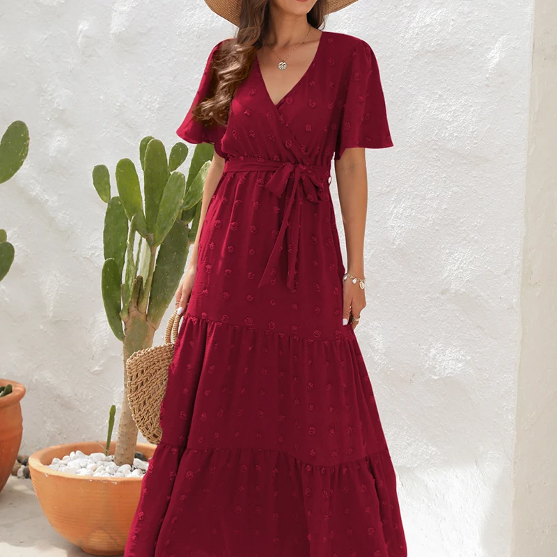 Vestido largo elegante de verano para mujer, vestido Sexy de manga corta para noche y playa, Vestidos largos informales lisos con cuello en V