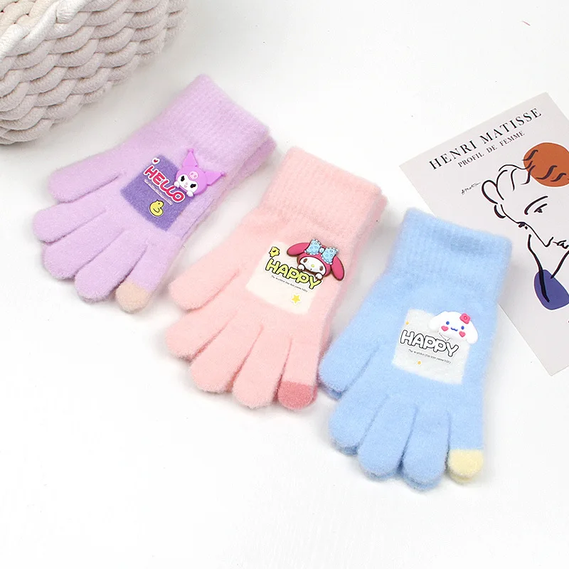 Sanrio Gloves Kawaii Hello Kitty Kuromi Cold-Proof Winter Finger Gloves My Melody Plush Warm Children Toddler for Birthday Gifts