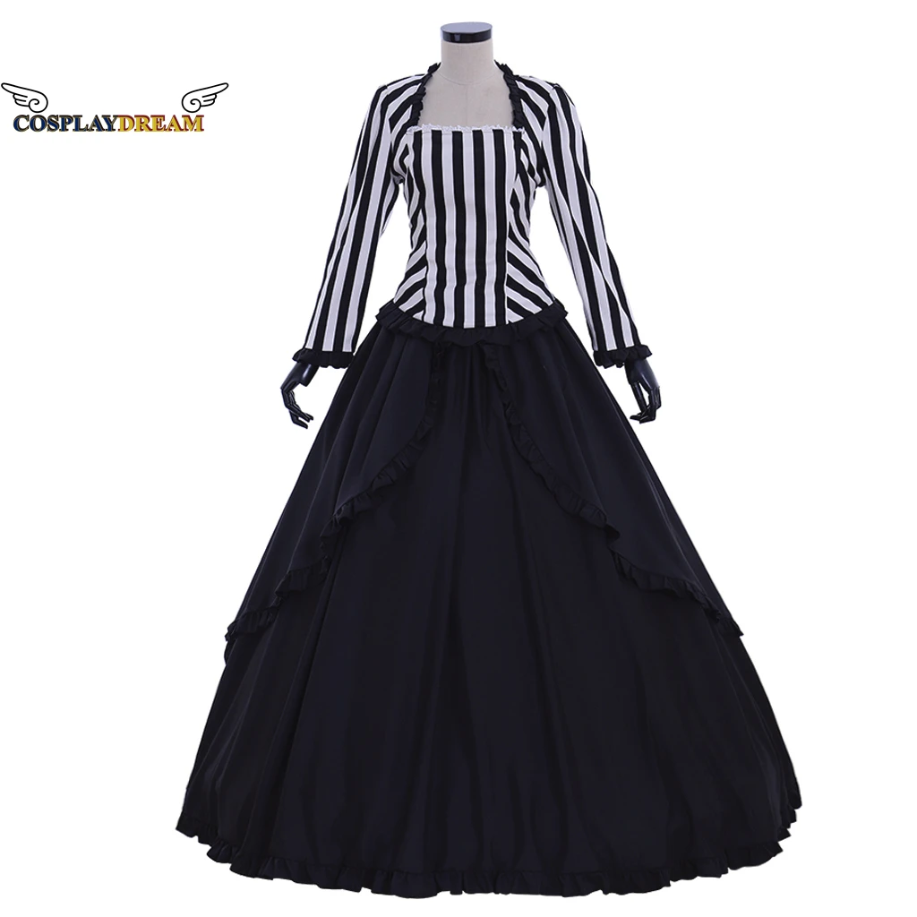 

Women Victorian Edwardian Dress Historical Victorian Bustle Gown Medieval Dress Suit Civil War Women Stripe Top Black Skirt Suit