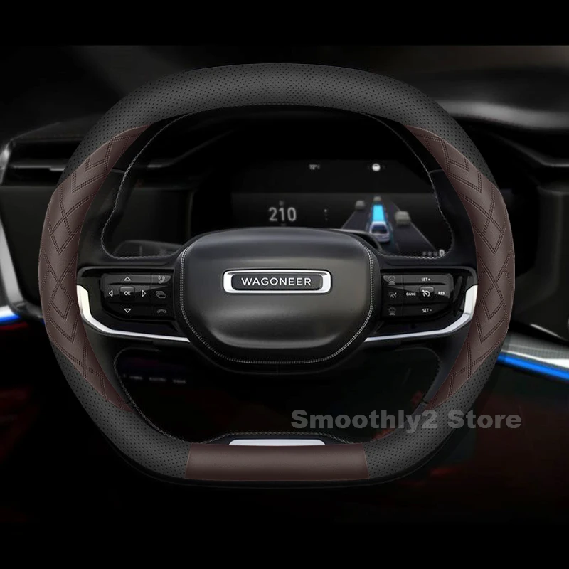 غطاء عجلة قيادة السيارة من الجلد لسيارة Jeep Wagoneer S 2024 2025 ملحقات داخلية لعجلة قيادة السيارات مقاومة للاهتراء #3