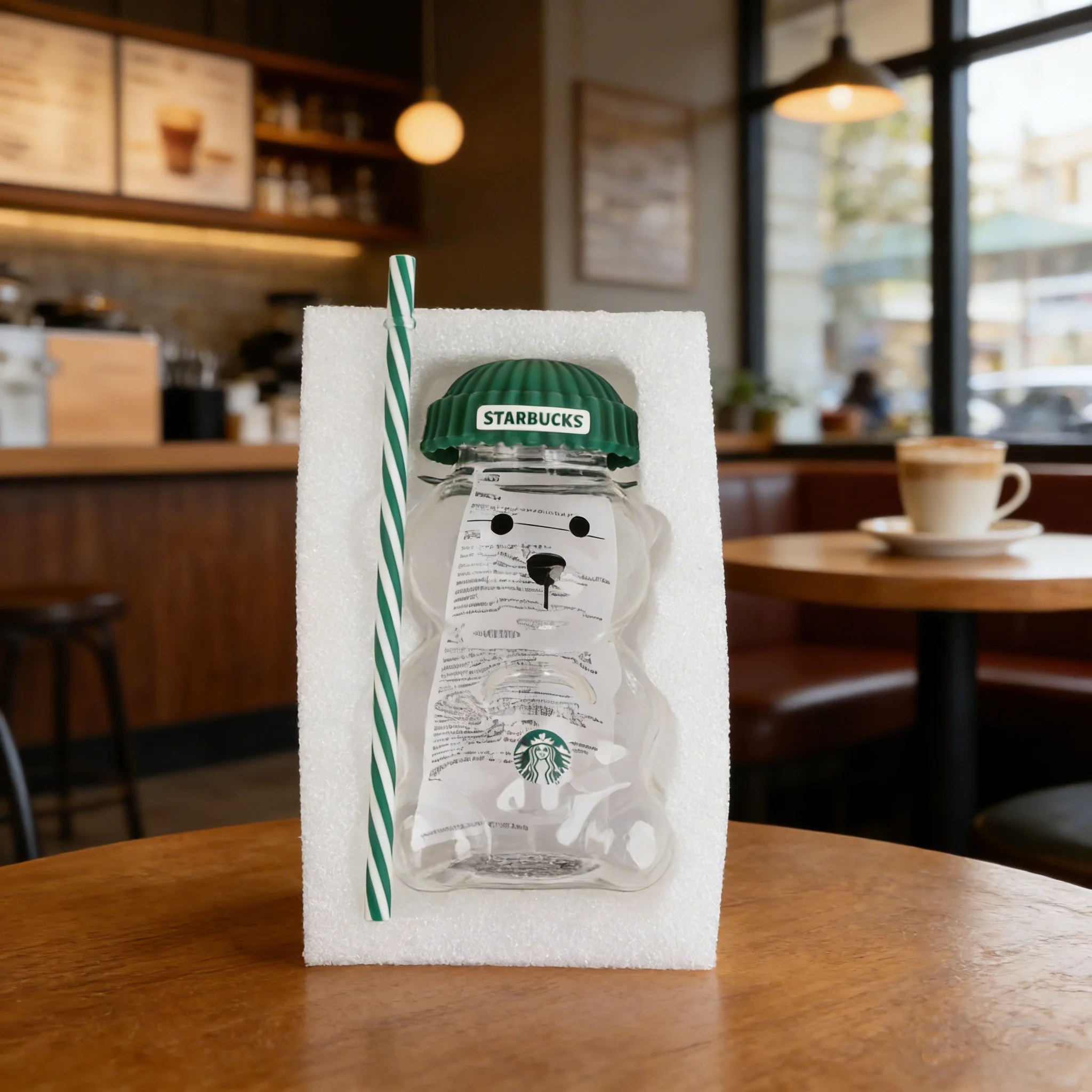 Starbucks Bearista Bear 20oz Glass Tumbler 591ml Green Lid Straw Home Café Iced Coffee