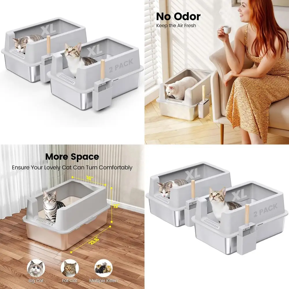 

Extra Large Enclosed Stainless Steel Cat Litter Box with Lid for Large Cats - Easy Clean, Anti-Leak, Non-Stick, Includes Scoop