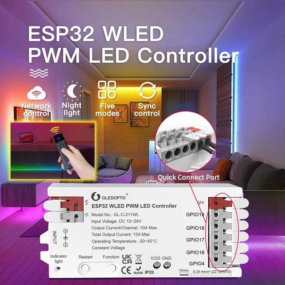 GL-C-211WL/GL-RC-001WL GLEDOPTO ESP32 PWM WLED LED Controller 5 Modes in 1 DC12-24V WiFi App For RGBCCT RGBW RGB WWCW CCT Dimmer