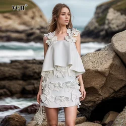 VGH Solid Slim Two Piece Sets For Women Square Collar Sleeveless Top High Waist Bodycon Skirt Sweet Spliced Appliques Set Female