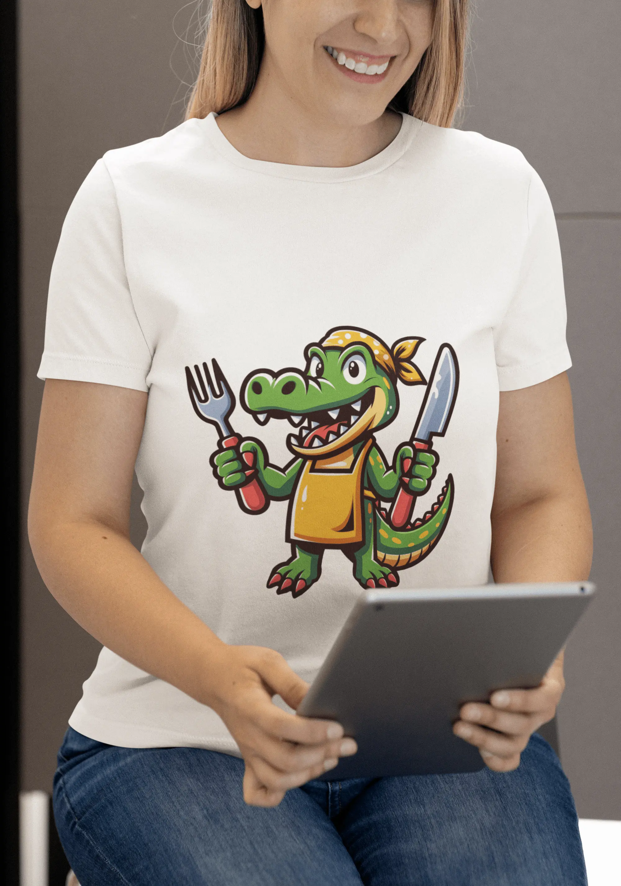 Chef Crocodile Cartoon T Shirt Fun Animal Cooking for Foodies Chefs Cute Croc with Knife Fork