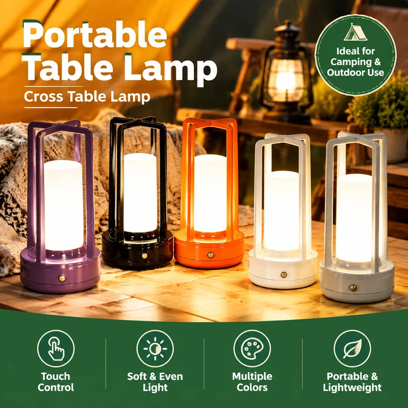 LED Cross Table Lamp, Minimal ABS Rechargeable Night Light, Touch Dimming, Travel Camping Bedroom Bedside Decor, Modern Lighting