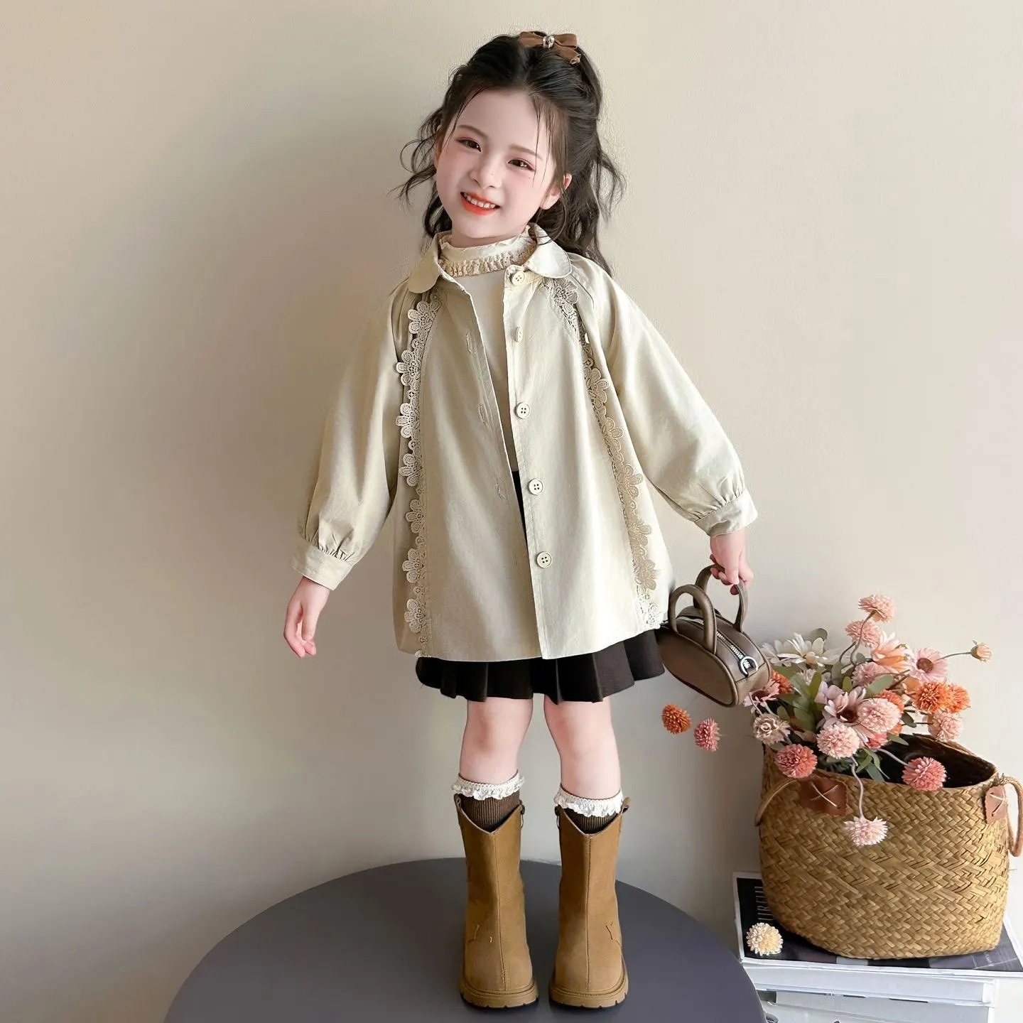 Girls Korean Style Trench Coat Spring Autumn New Kids Lace Collar Mid-Length Outerwear Children Trendy Fashion Jacket
