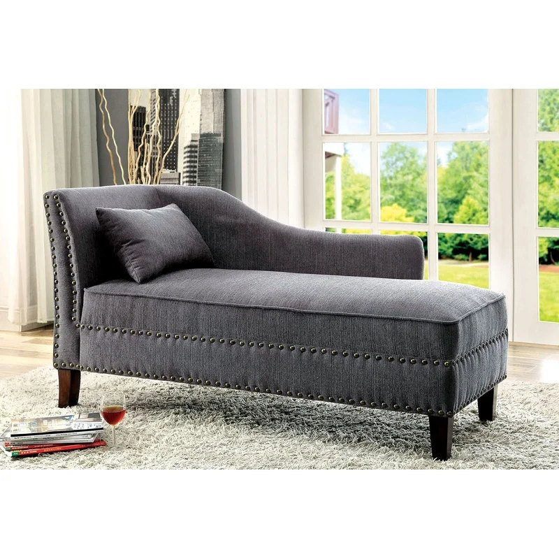 

Gray Linen-Style Chaise Bench Pillow with Nailhead Trim, Modern Contemporary Living Room Accent Piece