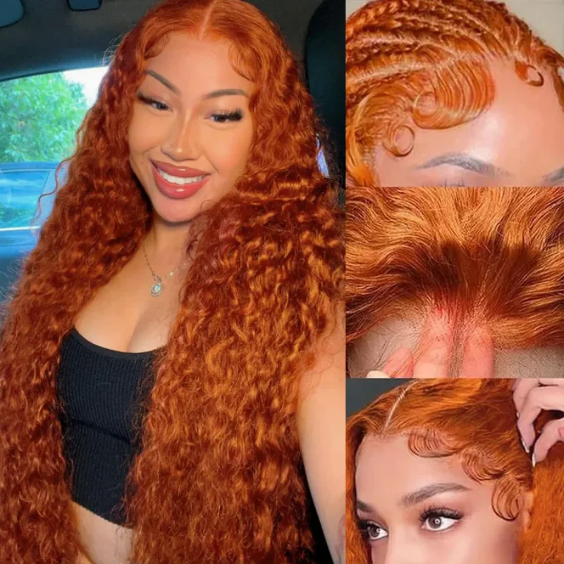 # Peluca de Encaje Frontal Color Naranja Jengibre con Ondas de Agua 350, 13x6 | Peluca Rizada sin Pegamento con Frente de Encaje Transparente HD, Pre-Depilada con Cabello de Bebé