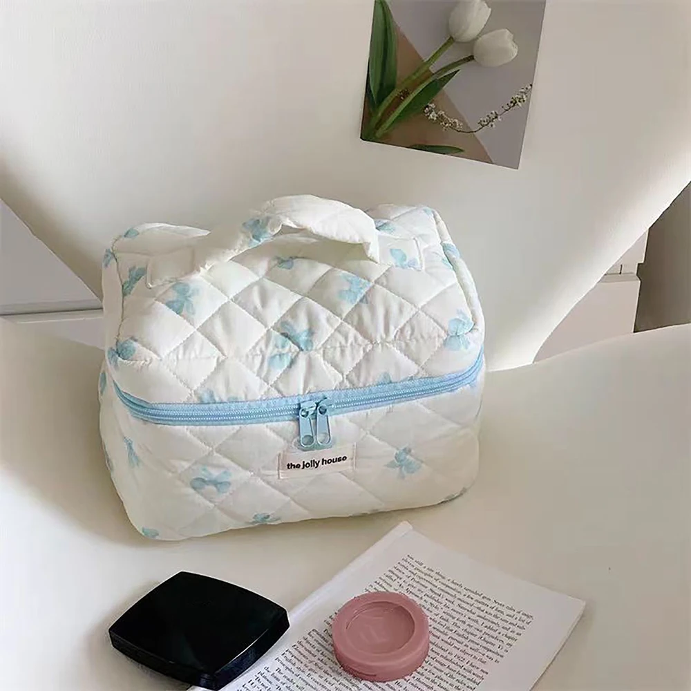 New Women Cosmetic Storage Cotton Quilted Bag Simple Bow Knot Lipstic Makeup Organizer Handbag Cute Large Capacity Zipper Bags