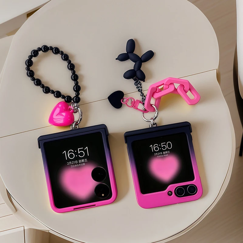 Black Rose Gradient Chain Hinge Case For Samsung Galaxy Z Flip 7 6 5 4 For Motorola Razr 60 50 Ultra Xiaomi Mix Flip 2 Cover