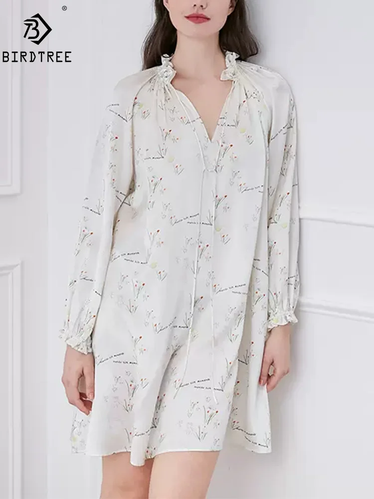 BirdTree, 22MM 100%Mulberry Silk Sexy Nightgown, Women Long Sleeve Floral, French Sweet Pajama Dress, 2024 Summer New P45765QM