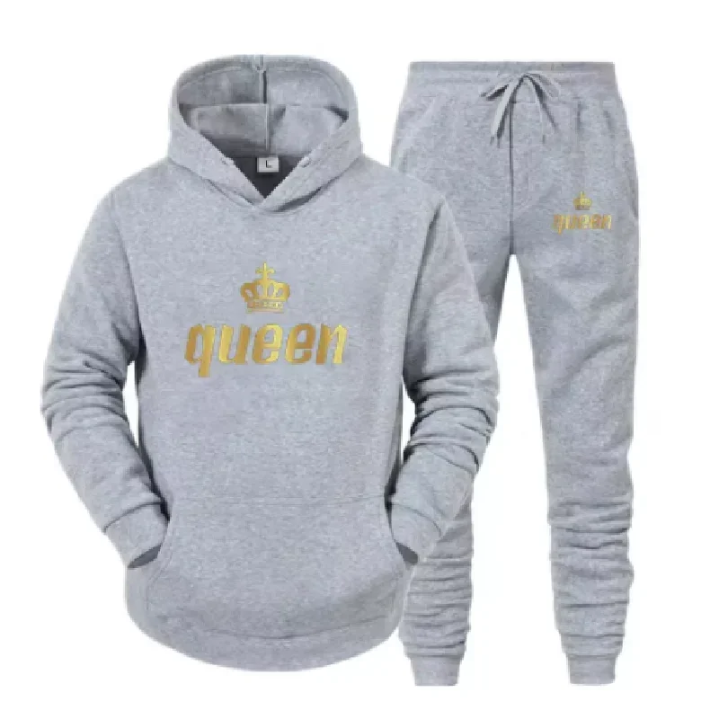 

Fashion Long Sleeves KING And QUEEN Printed Hooded Suits Autumn Winter Couple Hoodie Pants 2-Piece Suit Men's Tracksuit