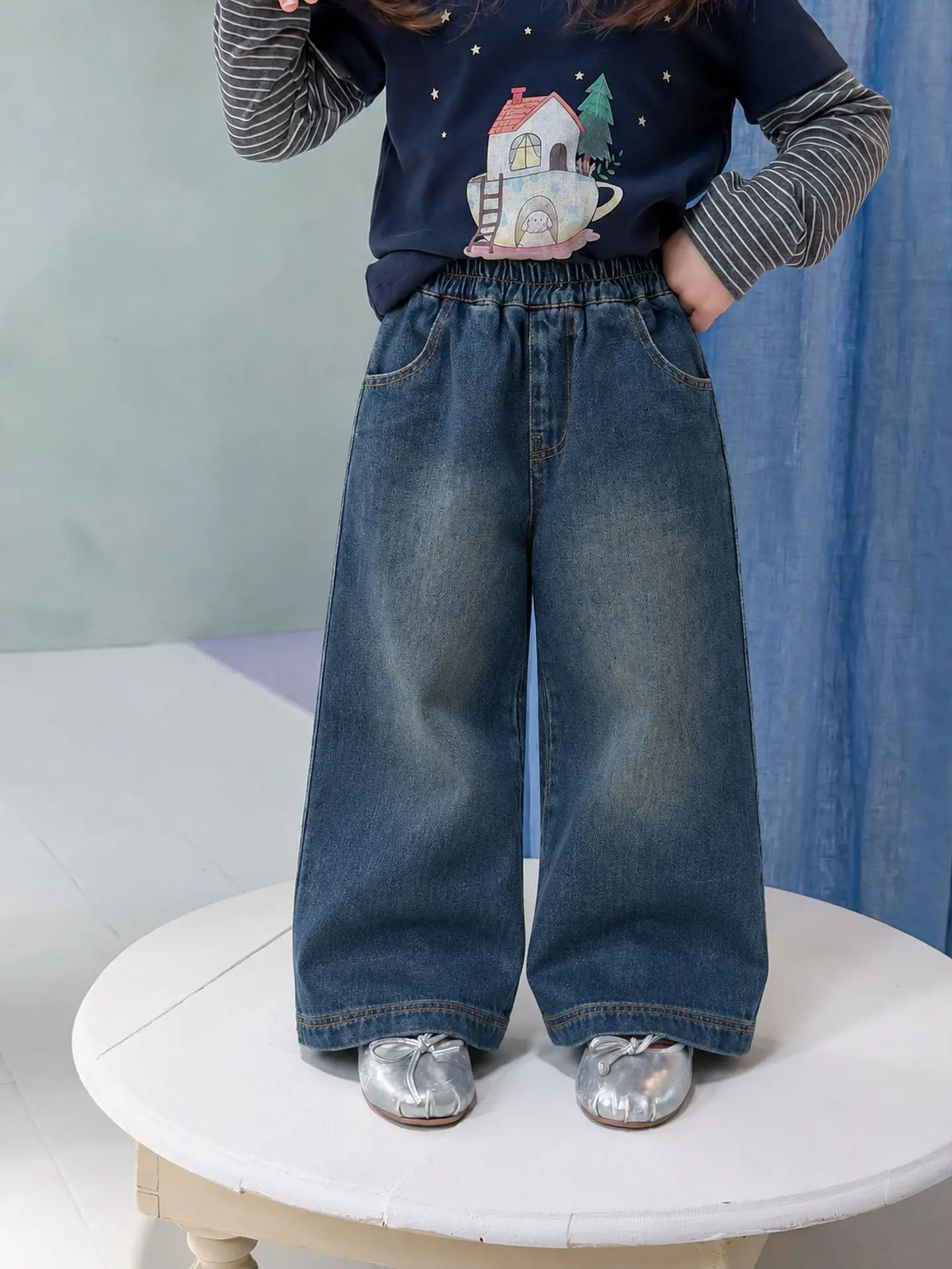 Children's Clothing, Korean Retro Washed Jeans, Children's Elastic Waist Straight Leg Comfortable Casual Pants