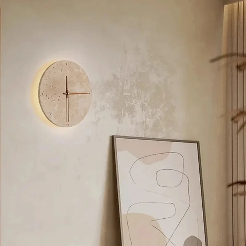 Modern Creative Clock Living Room Wabi Sabi Wall Lamp Nordic Simple Yellow Travertine Restaurant Corridor Circular Sconce Light view 6