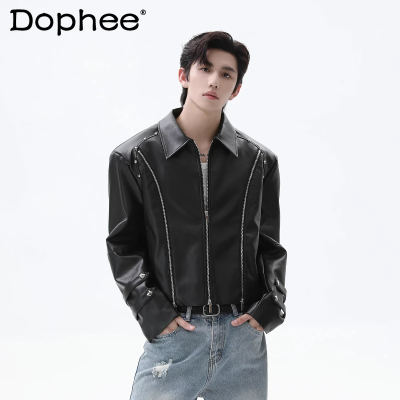 

Men's 2025 Autumn New Fashion Jackets Male Trendy Rivet Design Lapel Faux Leather Jackets Classic Motorcycle Chic Leather Coats