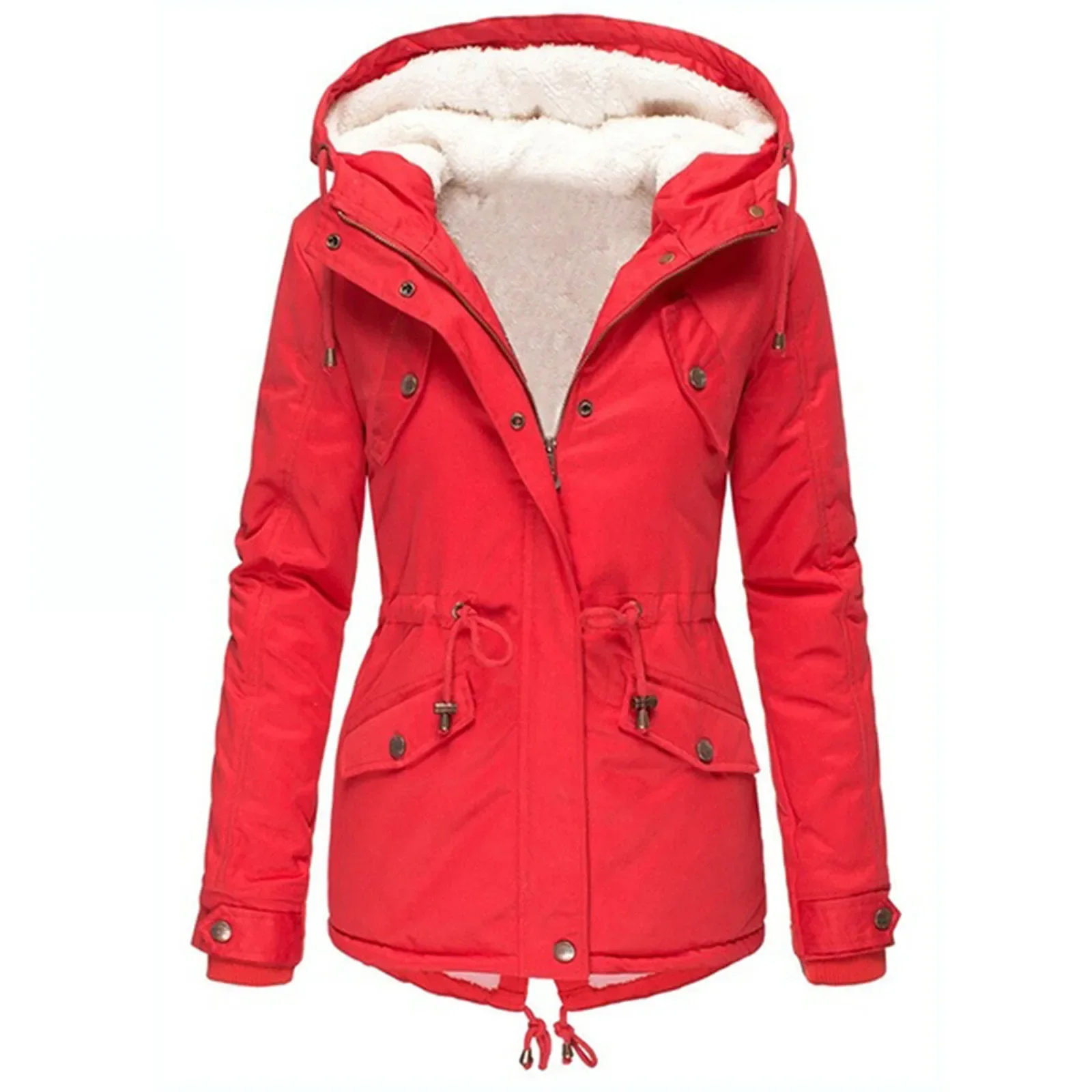 Women's Thickened Fleece Lined Cotton Jacket Winter Coat with Pockets Warm Fluffy Long Sleeve Hooded Slimming Coat