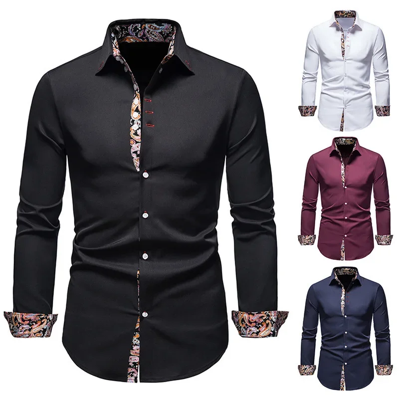 

2023 New Men's Long Sleeved Shirt European and American Style Youth Casual Polo Neck Slim Fit Colored Shirt