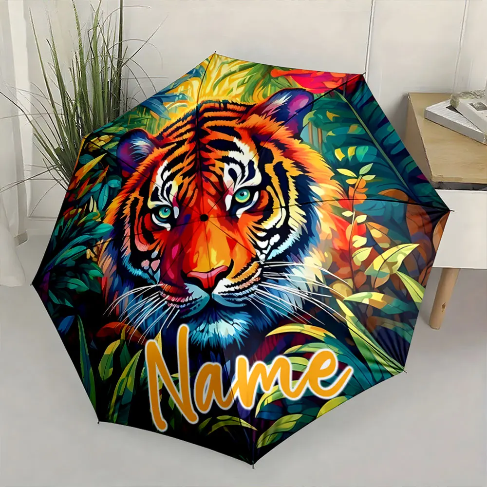 Custom Name Vibrant Tiger Design Umbrella for Stylish Rainy Days Print 8 Iron Ribs Folding Umbrella, Auto-Open Fashion Sunshade