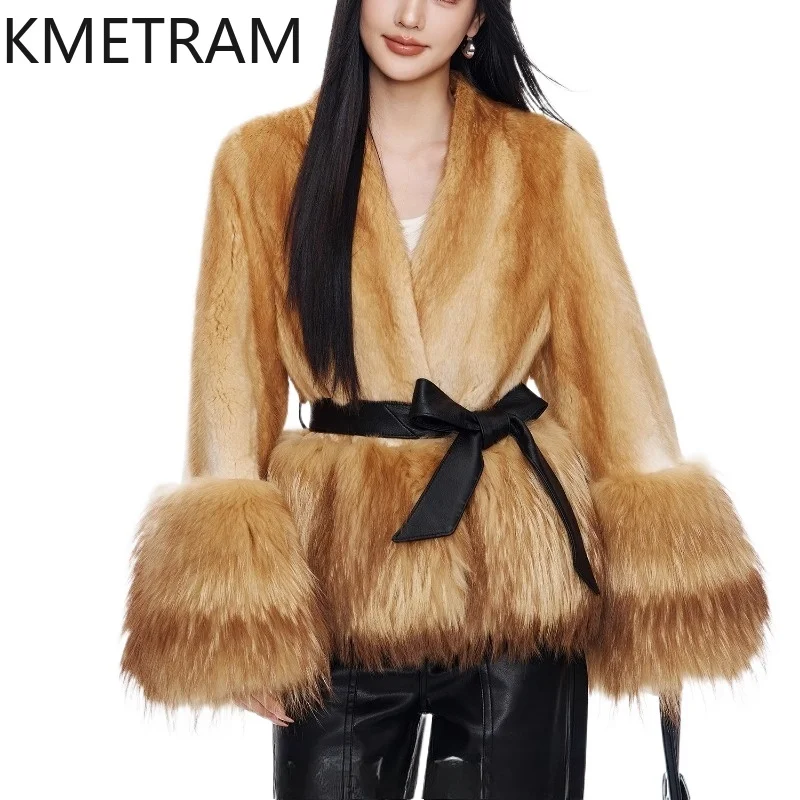 KMETRAM Giacca di Pelliccia di Visone Naturale Donna Vintage Dorato Scollo a V Cappotto di Pelliccia Reale 2025 Nuovi Cappotti Invernali Abbigliamento Donna шуба жleticud