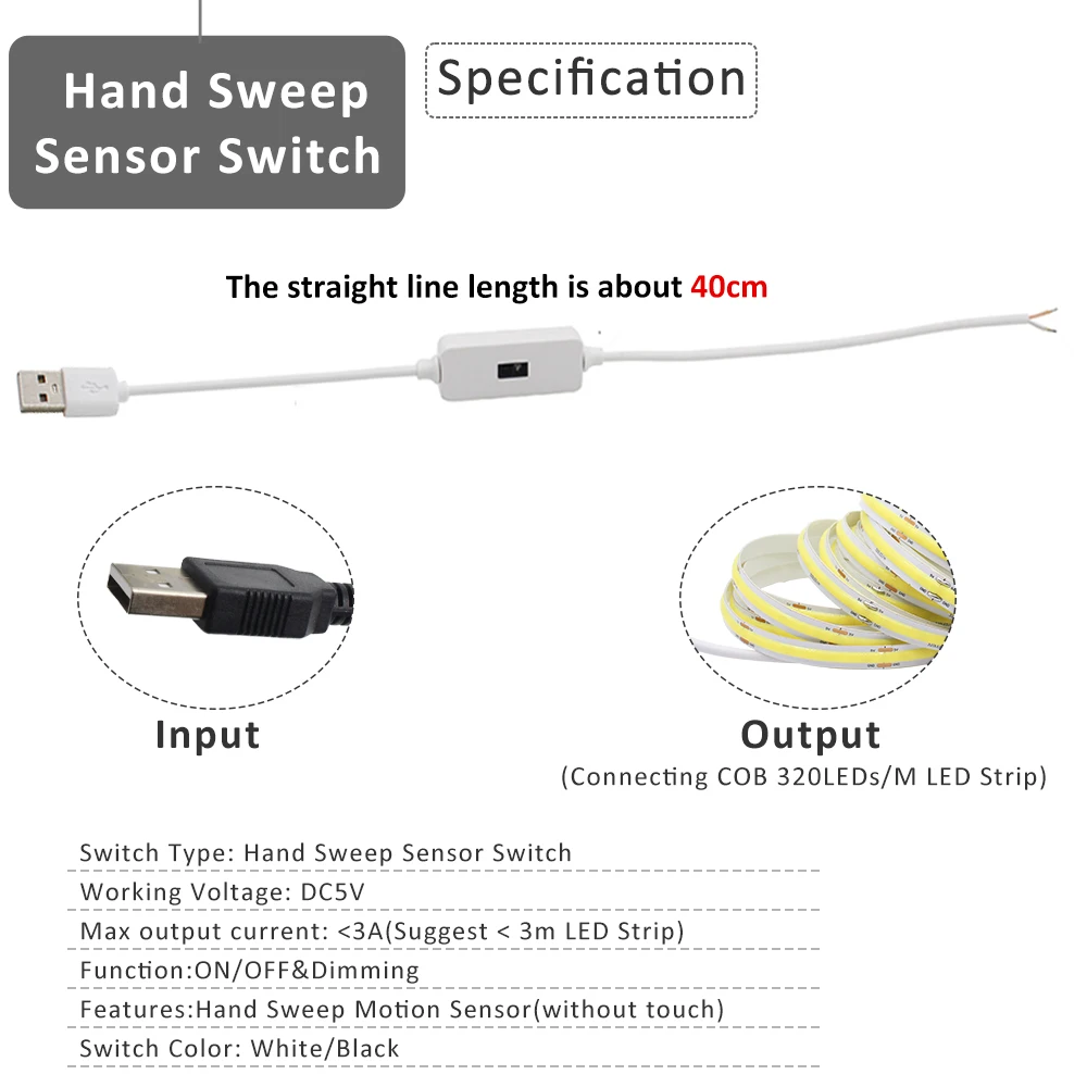5V DC Hand Sweep Sensor Switch COB LED Strip Light USB Kitchen Under Cabinet Wardrobe Dimmable Warm Cool White Flex Ribbon 1M 2M