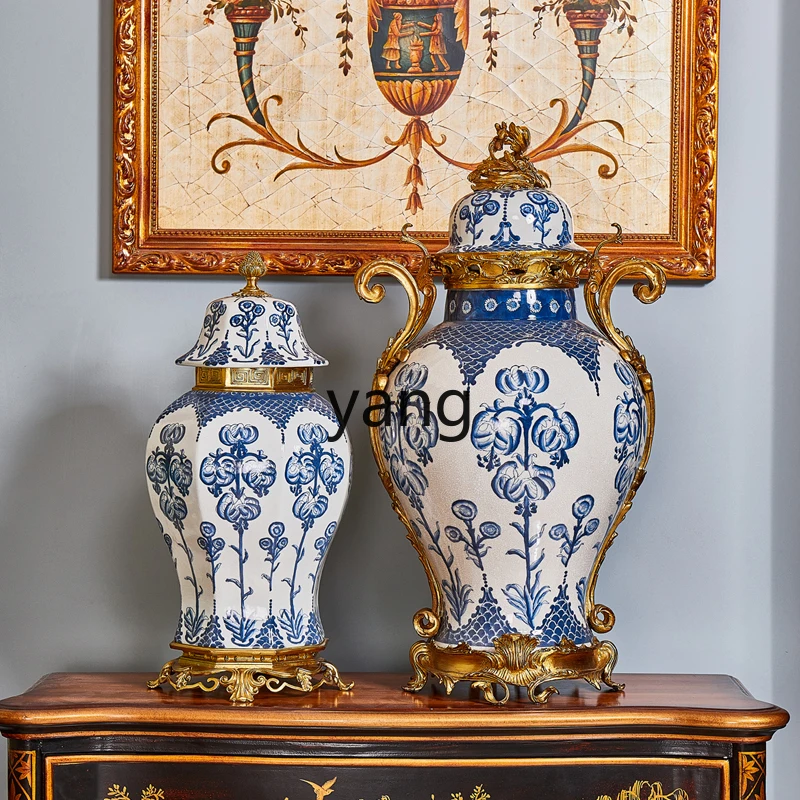 CX light luxury blue and white porcelain vase flower arrangement living room entrance housewarming villa lobby decoration