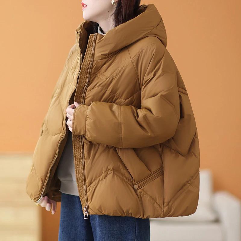 Winter Warm Duck Down Coat Women Oversize Casual Autumn Pocket Basic Hooded Jackets