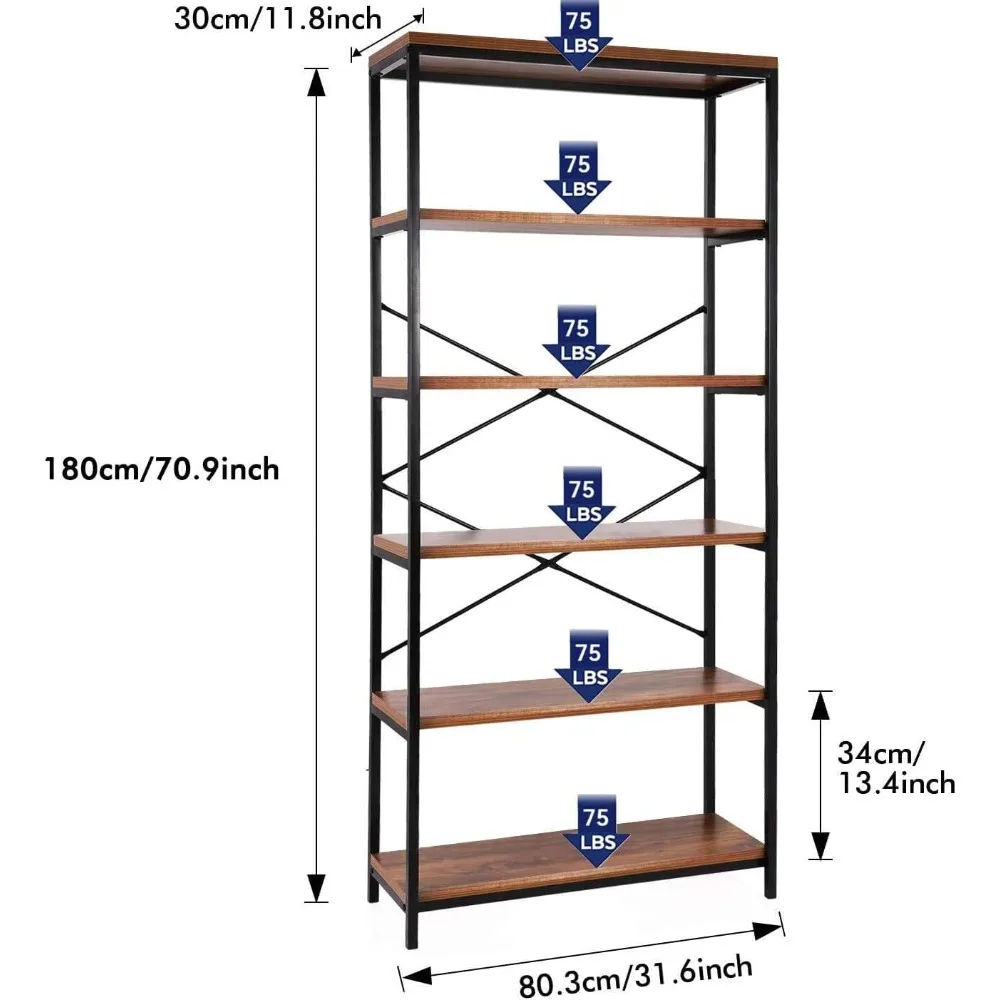 Himimi 6 Tier Industrial Bookshelf, Vintage Standing Storage Shelf, Display Shelving Units, Tall Bookcase, Industrial Metal