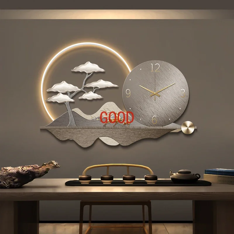 

Modern Luxury Restaurant Decoration Painting with Clock and Watch Hanging Painting with LED Light Emitting Wall Decoration