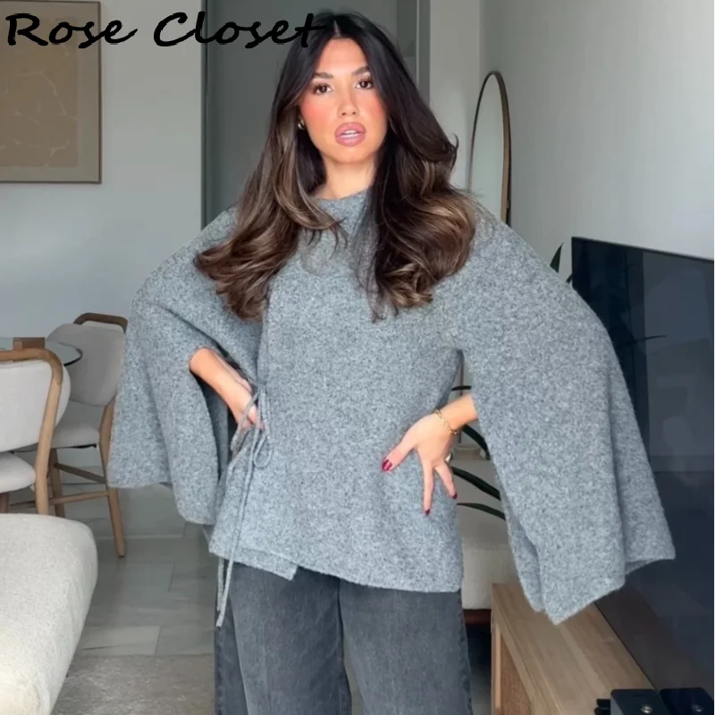 

Casual Solid Women's Cardigan Lace Up Loose Knitwear Patchwork Batwing Sleeve Knitted Sweaters 2025 New Autumn Lady Knit Top