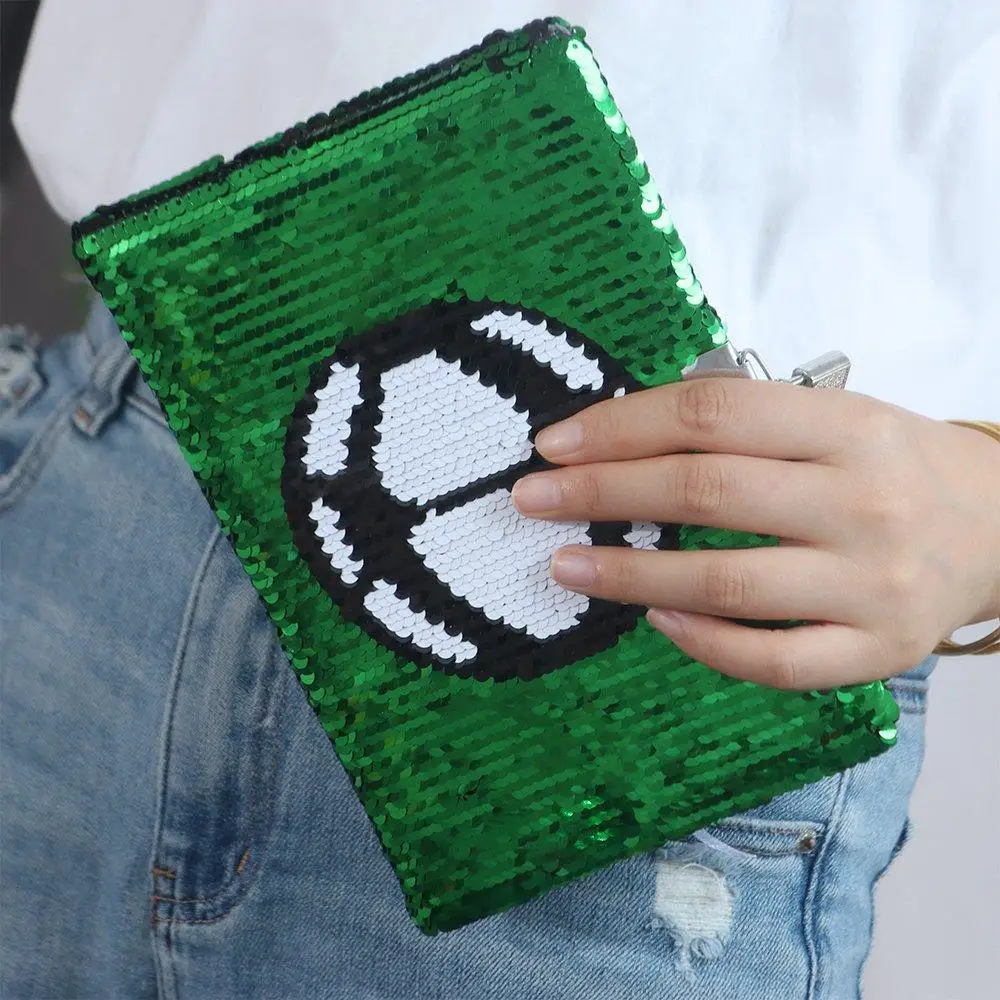 Football Notebook with Lock and Keys Creative Reversible Sequin Sequin Notebook Sequin Cover Green Notepad Adults