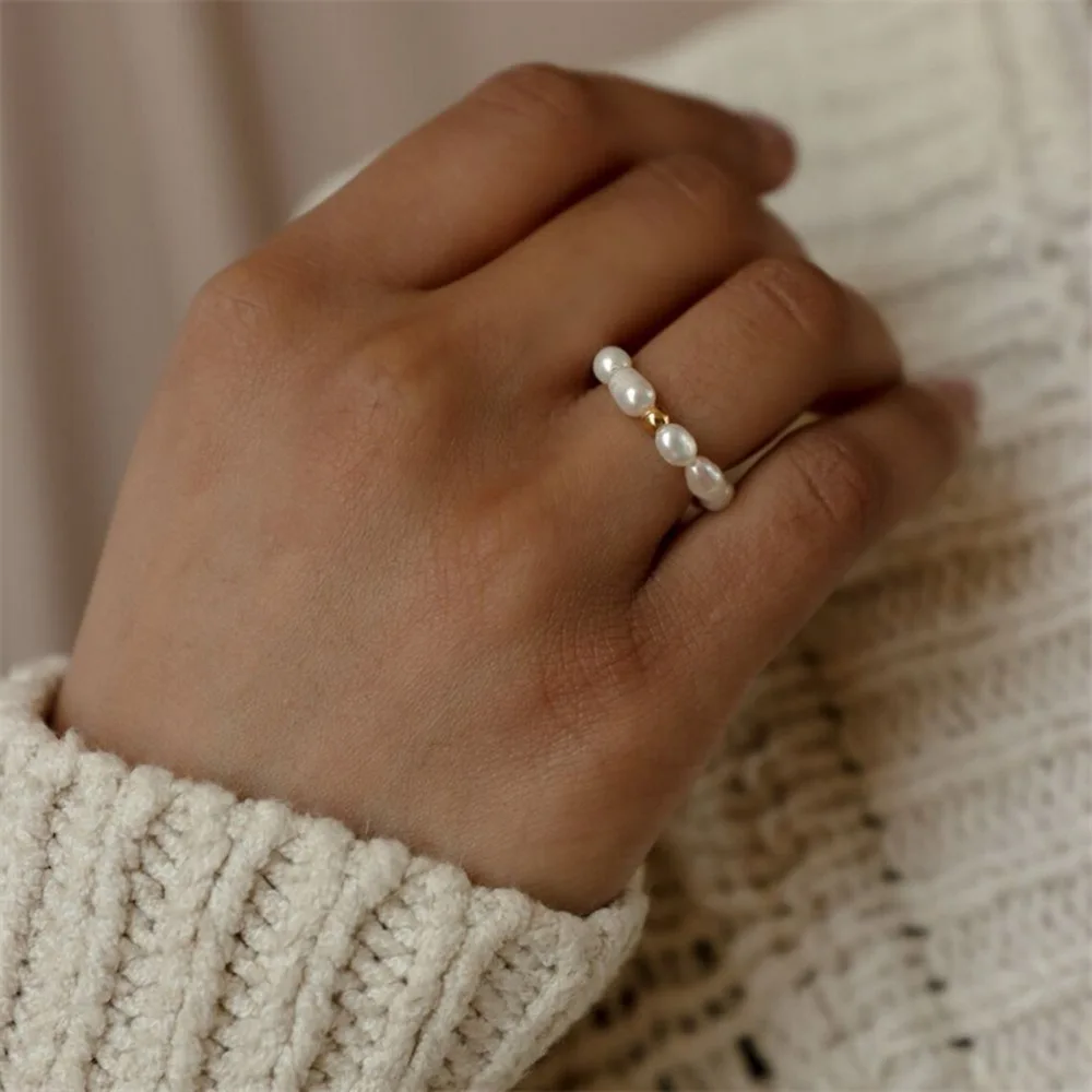Französisches Vintage-Perlenring-Set für Damen, 14K vergoldeter Barock-Perlenring, gedrehte, klobige Statement-Fingerringe, Schmuckgeschenk – Detail 7
