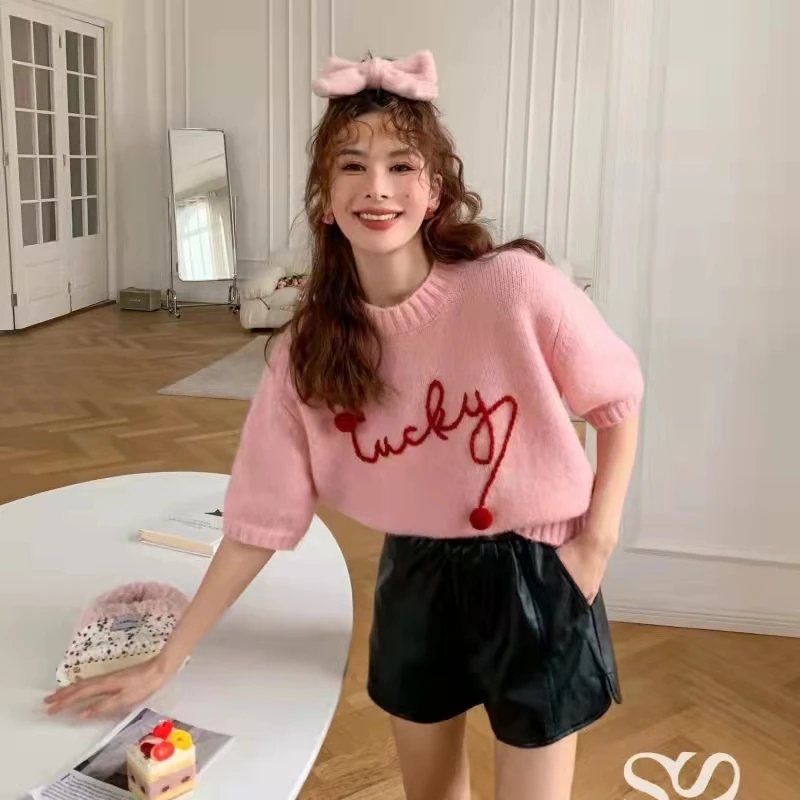 

2024 Women Clothing Pink Cropped Pullovers Short Sleeve O-neck Letter Jumper Sueter Mujer Fashion Casual Knitted Sweater Tops