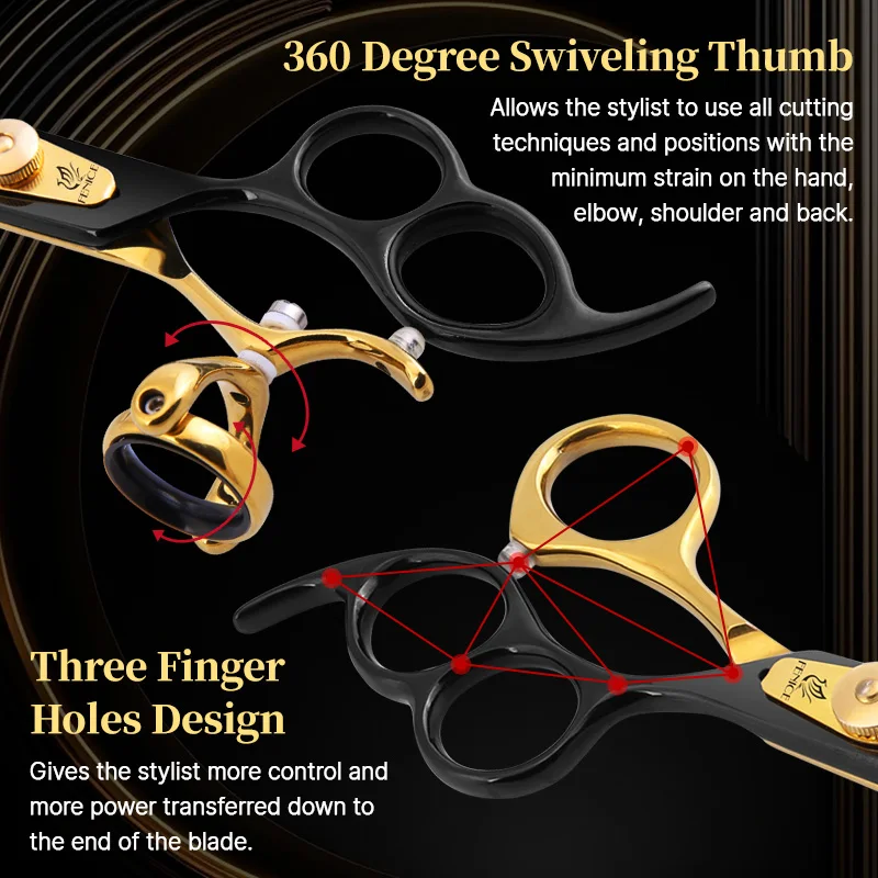 Fenice 7.0/8.0/9.0 Inch Pet GroomingThree Holes 360°Swivel Rotating Thumb Curved Scissors Black&Gold Dog Beauty Shears