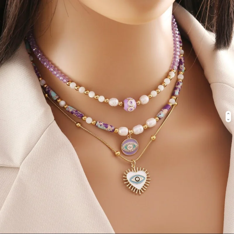 Bohemian Demon Eyes Necklace Dainty Purple Emperor Stone Necklace Heart Charm Baroque Pearl Healing Jewelry for Women Girls Gift