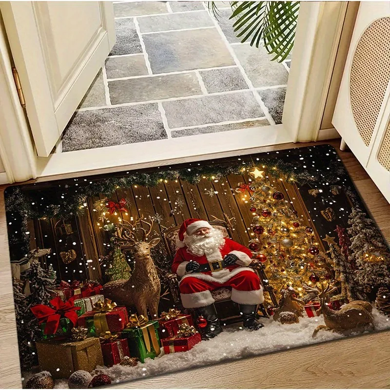 Christmas Santa Claus Reindeer Xmas Tree Gift Box Snow Flannel Doormat Anti Slip Front Door Mat Holiday Home Entrance Decor Rug