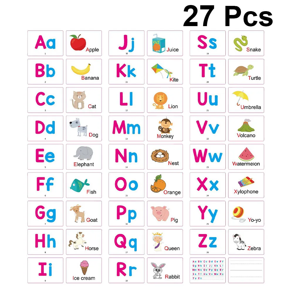 27Pcs Early Education English Alphabet Cards Premium Learning Letter Cards Double-Sided Cartoon Design Exercise Cognition Memory