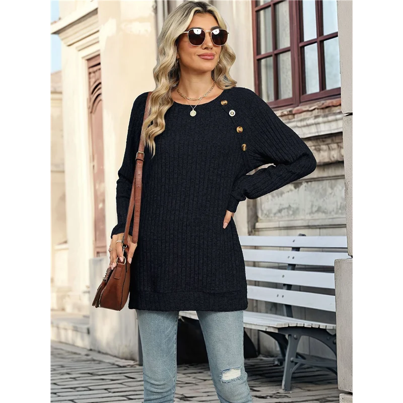 

AG-Long Sleeve Shirts For Women Ligh-Tweight Button Decor Tunic Tops Side Split