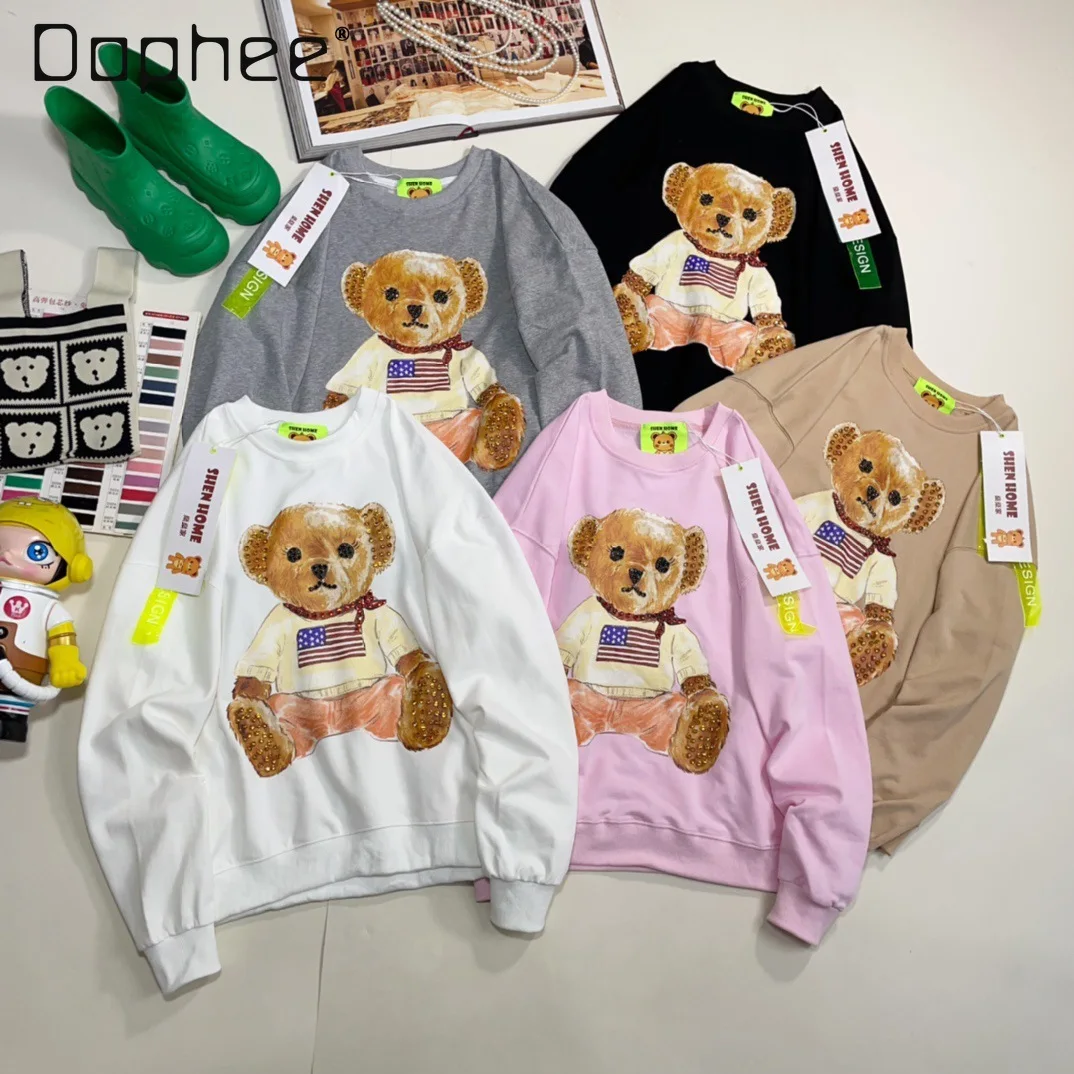 Cute Bear Diamond Loose Hoodies Women 2024 Autumn and Winter New Fashion Brand Casual Printed Sweatshirts for Men and Women