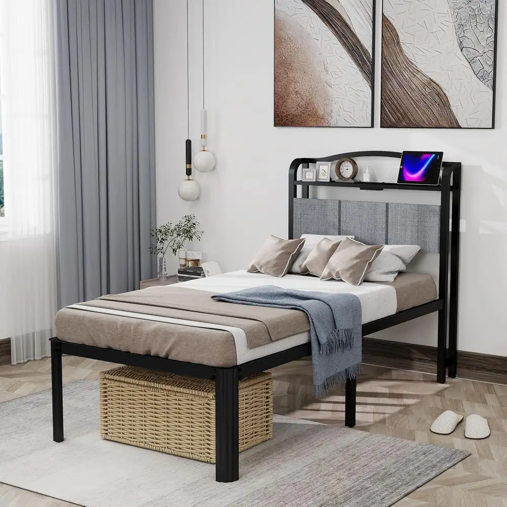 

Twin Size 14 Upholstered Headboard Bed Frame for Kids, Metal Black Corner Bed Base, Stable Mattress Support, Tool-Free Assembly