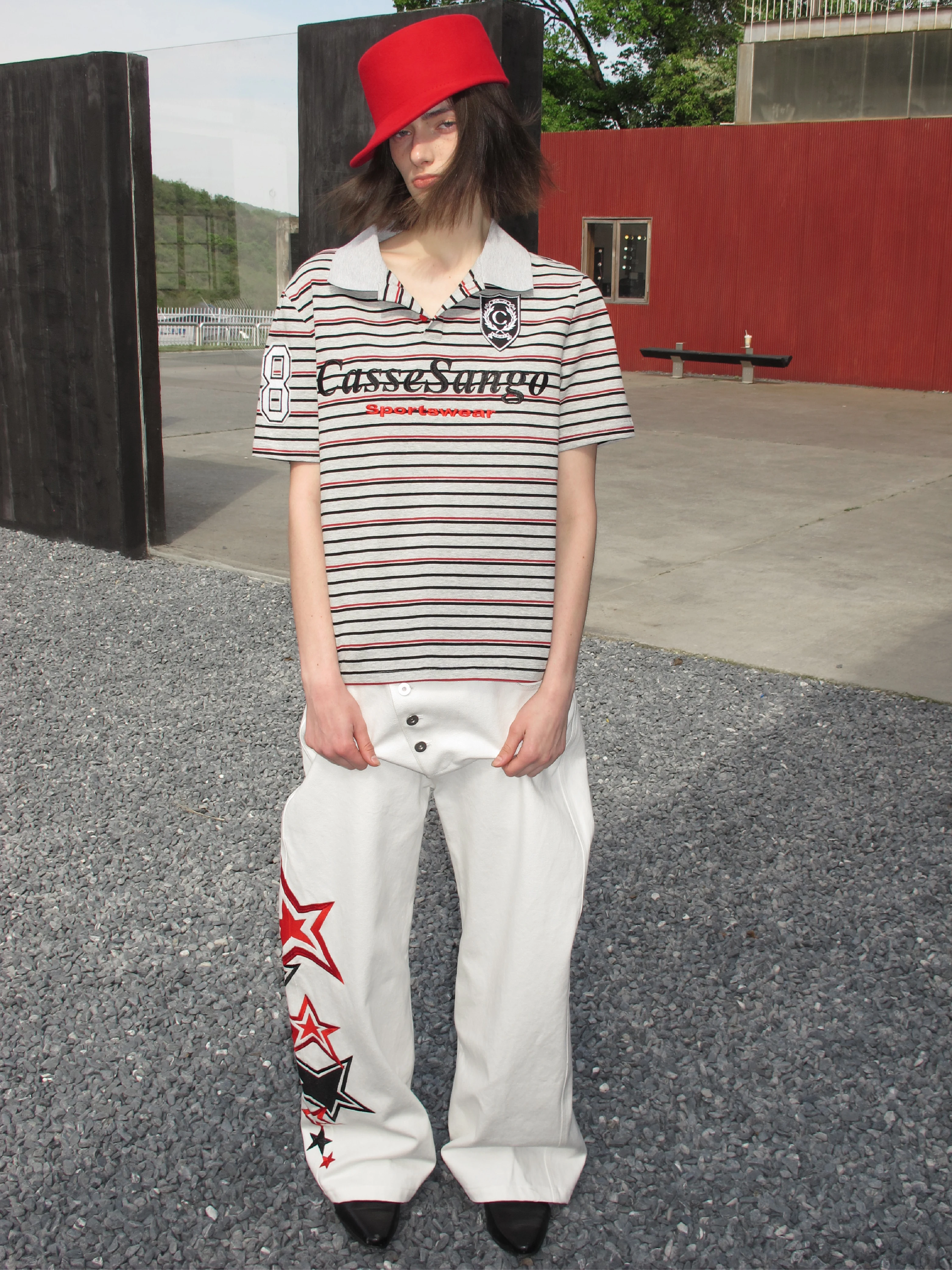 CasseSango Street Style Short Sleeve  Shirt Embroidered Digital Badge Shoulder Line Match Color Stripe Design Casual Cotton