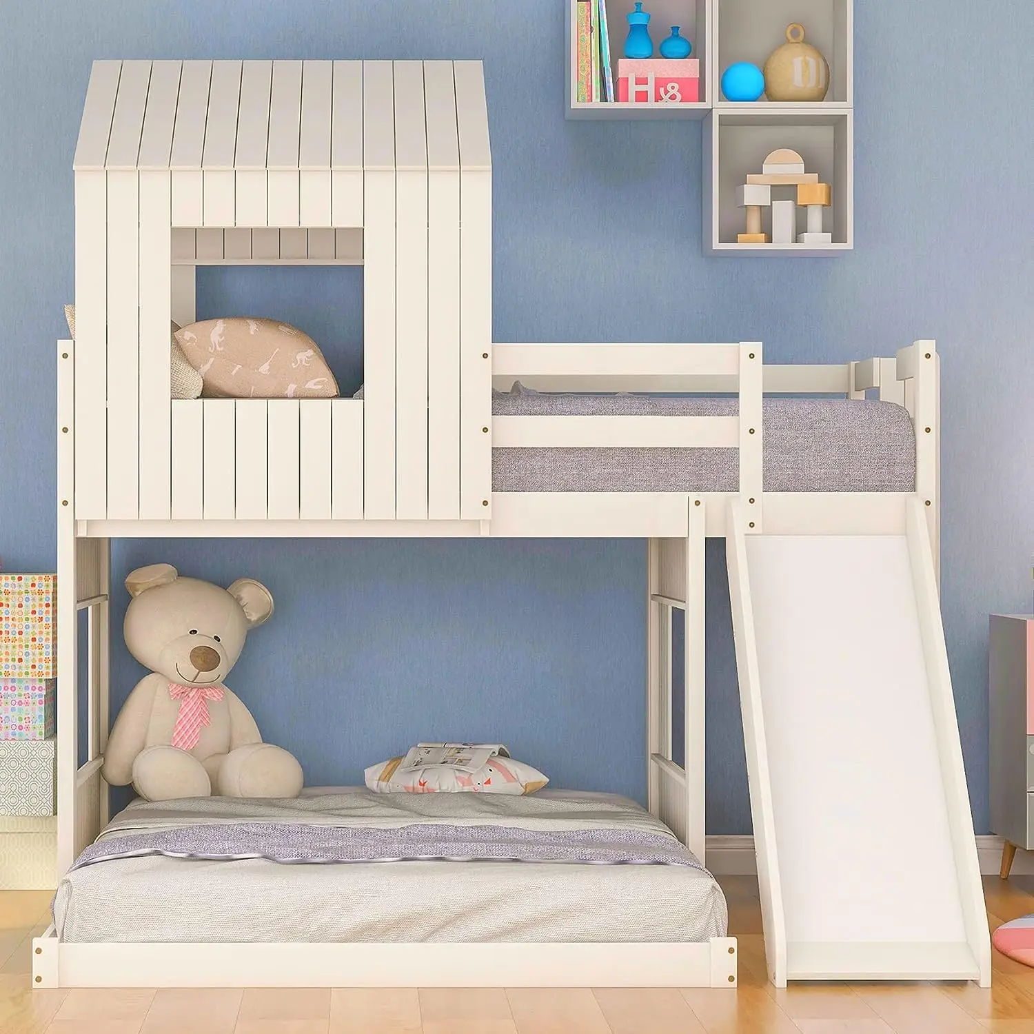 *Wooden Twin Over Full House Floor Bunk Beds with Slide Guard Rail and Roof for Kids' Bedroom