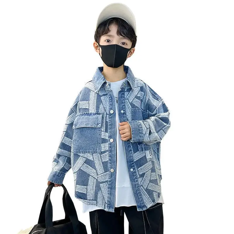 

Autumn Kids Boys Clothes Casual Teenage Denim Coats Light Blue Geometric Outerwear Jackets Spring Children's Clothing 8 12 Years