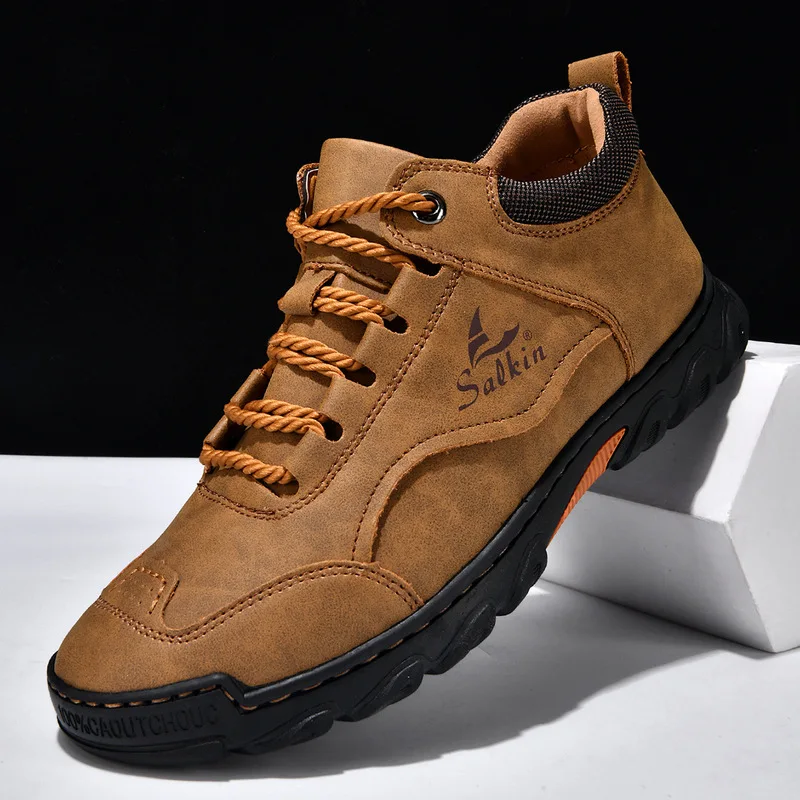 Plus-size men's clothingPUMen's leather boots, fashionable hand-stitched ankle boots, comfortable flat-soled lace-up casual shoe